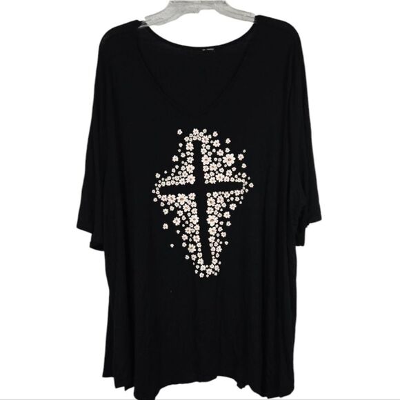 Women's 4XL Black Floral Cross Knit Tee Lightweight Casual Top Easter Spring - Picture 7 of 8